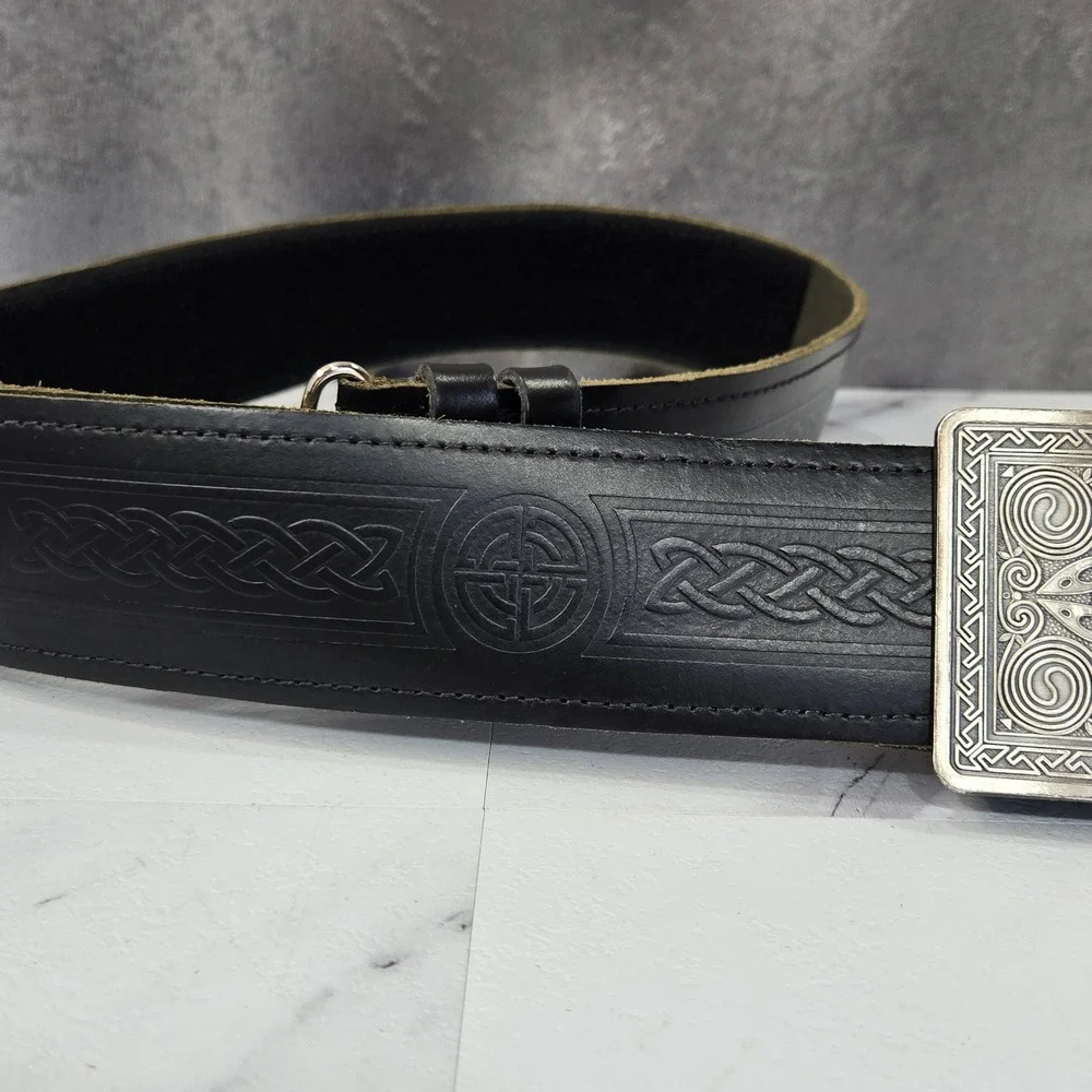 Celtic Knot Embossed Leather Belt Mens Large Black Silver Buckle Western